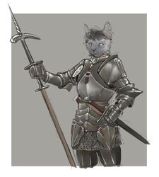  2023 anthro banoncat banoncat_(character) bladed_weapon chainmail domestic_cat felid feline felis hair hi_res holding_object holding_weapon male mammal medieval_armor melee_weapon polearm scabbard siamese solo spear straps sword two_tone_face weapon 