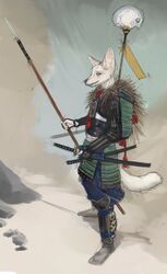  2022 ambiguous_gender armor banoncat canid canine cloth_belt dual_swords fox hi_res holding_melee_weapon holding_object holding_polearm holding_spear holding_weapon katana leg_armor looking_aside looking_at_viewer mammal melee_weapon open_mouth polearm samurai_armor scabbard solo spear sword weapon yellow_eyes 