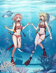  2girls bikini blonde_hair braid breasts brown_bikini bubble citrinne_(fire_emblem) commentary commission contemporary coral english_commentary fire_emblem fire_emblem_engage fish frilled_bikini frills grey_hairband hairband holding_hands lapis_(fire_emblem) manta_ray multiple_girls pink_eyes pink_hair red_bikini red_eyes red_hairband rein_creamsoda ribbon scuba scuba_gear scuba_tank shipwreck side_braid swimsuit twitter_username two-tone_hairband underwear white_ribbon 