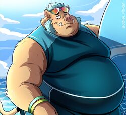  anthro beach belly brown_body brown_fur eyewear eyewear_on_head facial_hair fur ganglie_(tas) john_vithor lifewonders male mammal moobs mutton_chops overweight snout solo suid suina sunglasses sunglasses_on_head surfboard sus_(pig) tokyo_afterschool_summoners tusks wetsuit wild_boar 