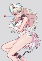  alternate_costume artist_name bare_legs bare_shoulders black_choker blush breasts bridal_gauntlets chains choker cleavage corrin_(female)_(fire_emblem) corrin_(fire_emblem) feather_dress feather_hair_ornament feathered_wings feathers female fire_emblem fire_emblem_engage fire_emblem_fates gauntlets green_hair grey_background hair_ornament highres large_breasts long_hair looking_at_viewer open_mouth patreon_logo pointy_ears raydango red_eyes sharp_teeth simple_background solo teeth veyle_(fire_emblem) wings 