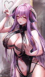  absurdres against_glass azur_lane bathroom black-framed_eyewear black_horns black_nails blush breast_press breasts breasts_on_glass cleavage commentary_request curled_horns female friedrich_carl_(azur_lane) hand_on_glass heart heart_print highres horns huge_breasts kirisamede_gzr long_bangs long_hair looking_at_viewer mature_female mole mole_on_breast mole_under_mouth navel purple_eyes purple_hair semi-rimless_eyewear solo very_long_hair 