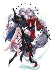  2girls absurdres aqua_gloves arknights ascot bare_shoulders barefoot black_ascot black_dress black_gloves breasts clothing_cutout detached_sleeves dress full_body gloves grey_hair hair_between_eyes hair_ornament highres holding holding_staff holding_sword holding_weapon leg_ribbon long_hair long_sleeves looking_at_viewer medium_breasts minuolin multiple_girls navel navel_cutout off-shoulder_dress off_shoulder red_dress red_eyes red_sleeves ribbon simple_background skadi_(arknights) skadi_the_corrupting_heart_(arknights) staff sword very_long_hair weapon 