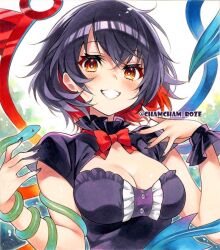  black_dress black_hair blush breasts brown_eyes chacham cleavage dress female houjuu_nue large_breasts parted_lips red_hair short_hair smile snake solo touhou twitter_username upper_body 