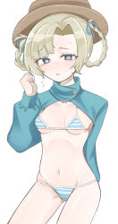  :&lt; @_@ absurdres arm_behind_back bikini blonde_hair blue_eyes blue_shrug braided_hair_rings breasts brown_hat choko_(1839) clenched_hand cowboy_shot female flying_sweatdrops freckles furrowed_brow hand_up hat highres long_sleeves looking_at_viewer matilda_bouanich matilda_bouanich_(the_genius&#039;s_holiday) meme_attire micro_bikini miku_collar_bikini navel reverse:1999 shrug_(clothing) small_breasts solo striped_bikini striped_clothes sweat swimsuit tearing_up white_background 