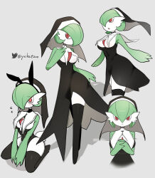  big_breasts black_clothing black_dress black_leotard bodily_fluids breast_curtains breasts clothing dress fake_ears fake_rabbit_ears fake_tail female flying_sweatdrops gardevoir generation_3_pokemon green_body green_hair green_skin grey_background habit hair hi_res humanoid leotard looking_at_viewer nintendo nun open_mouth playboy_bunny pokemon pokemon_(species) red_eyes scut_tail short_tail simple_background smile solo standing sweat sweatdrop tail white_body white_skin yuika9200 