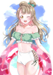  ;d bikini blue_sky border bow breasts brown_hair cleavage collarbone commentary_request cowboy_shot cross-laced_bikini cross-laced_clothes female green_bikini green_bow hairbow highres holding holding_swim_ring innertube iroenpitsu_xxx long_hair looking_at_viewer love_live! love_live!_days:_love_live!_general_magazine love_live!_school_idol_project medium_breasts midriff minami_kotori navel off-shoulder_bikini off_shoulder official_alternate_costume one_eye_closed one_side_up open_mouth outside_border sky smile solo swim_ring swimsuit teeth upper_teeth_only white_border yellow_eyes 