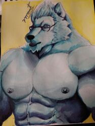  3:4 abs anthro barazoku bear beard big_muscles december_twilight eyewear facial_hair fur glasses hair hi_res huge_muscles looking_at_viewer male mammal muscular muscular_anthro muscular_male nicholas_briant nipples pecs pinumontbalou shirtless simple_background solo solo_focus ursine white_body white_fur 