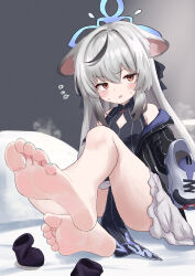  absurdres animal_ears bare_legs bare_shoulders barefoot black_hair blue_archive blush commentary_request diamond_cutout dress feet female foot_focus frilled_skirt frills gradient_hair grey_hair highres kokona_(blue_archive) long_hair looking_at_viewer lts_kakuyo multicolored_hair nail_polish on_bed paid_reward_available shoes skirt soles solo streaked_hair striped_clothes striped_dress sweat sweatdrop tiger_ears toenail_polish toenails toes unworn_shoes vertical-striped_clothes vertical-striped_dress white_skirt 