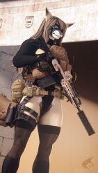  3d_(artwork) 4k 9:16 absurd_res anthro assault_rifle brown_hair bulletproof_vest canid canine canis coyote digital_media_(artwork) eye_patch eyewear fan_character female green_eyes gun hair hi_res la_tuerta_(ludexus) ludexus mammal muscular muscular_female muscular_legs ranged_weapon rifle solo source_filmmaker_(artwork) tactical_gear tactical_gloves weapon 