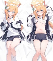  animal_ear_fluff animal_ears aqua_eyes black_shorts blue_archive blush breasts cat_ears closed_mouth clothes_lift commentary dakimakura_(medium) embarrassed female flower gym_shorts gym_uniform hair_flower hair_ornament hairband halo highres jacket long_hair looking_at_viewer mari_(blue_archive) mari_(track)_(blue_archive) multicolored_clothes multicolored_jacket navel nonddu official_alternate_costume open_mouth orange_hair own_hands_clasped own_hands_together shirt shirt_lift shorts small_breasts smile socks stomach symbol-only_commentary track_jacket two-tone_jacket white_hairband white_shirt white_socks yellow_halo 