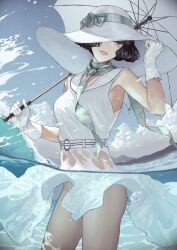  armpits ass bare_shoulders belt black_hair blue_sky breasts cloud day dress female gloves grin hat highres holding holding_umbrella kaoming looking_at_viewer no_panties original outdoors partially_submerged sailor_dress short_hair sky smile solo sun_hat umbrella white_dress white_gloves 