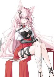  absurdres ameameame animal_ear_fluff animal_ears arknights bare_shoulders black_bra book bra braid breasts cleavage closed_mouth crossed_legs feet_out_of_frame female hair_ornament hands_on_own_knees high-waist_skirt highres long_hair looking_at_viewer pink_eyes pink_hair pozyomka_(arknights) red_skirt sitting skirt solo thigh_strap underwear very_long_hair wolf_ears wolf_girl 