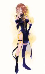  black_dress black_footwear blonde_hair blue_eyes boots breasts brown_hair claw_ring collarbone covered_navel detached_sleeves dress female hair_between_eyes halter_dress halterneck hand_on_own_hip highres long_hair looking_at_viewer macross macross_delta macross_delta:_zettai_live!!!!!! medium_breasts mochi_(mochigome) multicolored_hair open_mouth single_thigh_boot smile solo streaked_hair thigh_boots thigh_strap yami_kaname 