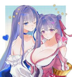  bare_shoulders blue_choker blue_eyes blue_one-piece_swimsuit blue_ribbon breasts choker cleavage double_bun fate/grand_order fate_(series) frills hair_bun hair_ribbon heart highres huge_breasts jacket long_hair long_sleeves looking_at_viewer meltryllis_(fate) meltryllis_(swimsuit_lancer)_(fate) meltryllis_(swimsuit_lancer)_(second_ascension)_(fate) nigiri off-shoulder_one-piece_swimsuit off_shoulder one-piece_swimsuit one_eye_closed open_clothes open_jacket passionlip_(fate) puckered_lips purple_eyes purple_hair red_ribbon ribbon small_breasts smile strapless strapless_one-piece_swimsuit swimsuit zipper zipper_pull_tab 