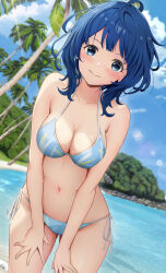  absurdres beach bikini blue_bikini blue_eyes blue_hair breasts closed_mouth collarbone commentary_request cropped female gibun_(sozoshu) highres large_breasts looking_at_viewer make_heroine_ga_oo_sugiru! medium_hair navel ocean outdoors palm_tree side-tie_bikini_bottom smile solo standing swimsuit tree yanami_anna 