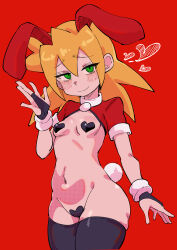  absurdres animal_ears black_thighhighs blonde_hair breasts breath buzzlyears commentary covered_nipples cropped_jacket fake_animal_ears fake_tail female green_eyes heart heart_maebari heart_pasties highres jacket looking_at_viewer maebari medium_hair mega_man_(series) mega_man_legends_(series) meme_attire nontraditional_playboy_bunny pasties rabbit_ears rabbit_tail red_background red_jacket revealing_clothes reverse_bunnysuit reverse_outfit ringed_eyes roll_caskett_(mega_man) simple_background small_breasts solo tail thighhighs 