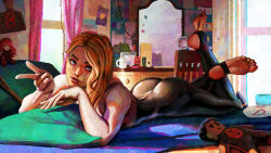  \m/ animal_print ass asymmetrical_hair azuma_yasuo bed blonde_hair bodysuit carnage_(marvel) character_doll eyebrow_piercing feet_up female gwen_stacy highres hood hooded_bodysuit lying marvel mary_jane_watson mask miles_morales mirror on_stomach parted_lips piercing poster_(object) solo spider-gwen spider-man:_across_the_spider-verse spider-man_(miles_morales) spider-man_(series) spider-verse spider_print spider_web_print stirrup_legwear superhero_costume table the_pose toeless_legwear toes two-tone_bodysuit unworn_mask vanity_table 