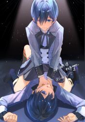  2024 2boys bishounen black_footwear blue_eyes blue_hair blue_jacket blue_ribbon blue_shorts buttons ciel_phantomhive ciel_phantomhive&#039;s_brother closed_mouth crying crying_with_eyes_open dark_blue_hair dated earrings heterochromia highres jacket jewelry kuroshitsuji light_particles male_focus multiple_boys neck_ribbon pink_eyes ribbon ring sekuji short_hair shorts signature sitting strangling tears thigh_strap wariza 