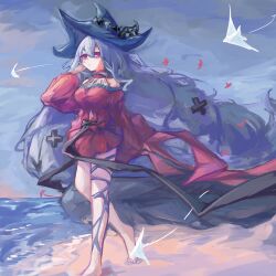  absurdres ameameame arknights bare_shoulders beach breasts clothing_cutout detached_sleeves dress female grey_hair hair_between_eyes hair_ornament hat highres leg_ribbon long_hair long_sleeves looking_at_viewer navel_cutout off-shoulder_dress off_shoulder pointy_hat red_dress red_eyes red_sleeves ribbon skadi_(arknights) skadi_the_corrupting_heart_(arknights) solo very_long_hair walking water 