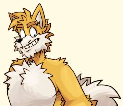  2023 2_tails aged_up anthro arm_tuft beastofeuthanasia black_nose blue_eyes canid canine cheek_tuft chest_tuft clothed clothing colored digital_drawing_(artwork) digital_media_(artwork) dipstick_tail eyebrows facial_tuft fluffy fluffy_tail fox fur hair light lighting looking_down male male_anthro mammal markings multi_tail multicolored_body multicolored_fur orange_body orange_eyebrows orange_fur orange_hair orange_tail sega shaded short_hair shoulder_tuft simple_background solo sonic_the_hedgehog_(series) tail tail_markings tails thick_eyebrows toothy_grin topless topless_anthro topless_male tuft two_tone_body two_tone_fur two_tone_tail white_body white_fur white_inner_ear white_tail_tip 