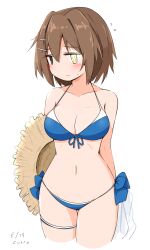  bikini blue_bikini breasts brown_hair cosplay cowboy_shot curse_(023) embarrassed female furutaka_(kancolle) glowing glowing_eye hair_ornament hairclip heterochromia highres holding_cloth kantai_collection medium_breasts navel shigure_(kancolle) shigure_kai_san_(kancolle) shigure_kai_san_(kancolle)_(cosplay) short_hair solo swimsuit yellow_eyes 