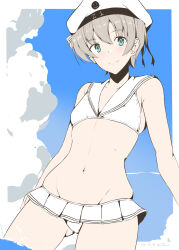  bikini bikini_skirt blue_eyes blue_sky clothes_writing cloud contrail female grey_hair hat highres kantai_collection looking_at_viewer lowleg lowleg_bikini microskirt one-hour_drawing_challenge sailor_bikini sailor_collar sailor_hat short_hair skirt sky solo swimsuit taira_yuuki wading water white_bikini white_hat white_sailor_collar z1_leberecht_maass_(kancolle) z1_leberecht_maass_(swimsuit_mode)_(kancolle) 