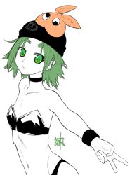  :&lt; artist_name bare_shoulders black_bra black_choker black_hat black_panties black_wristband bra breasts choker closed_mouth collarbone colored_skin commentary expressionless from_side googly_eyes green_eyes green_hair hat kikumaru_bunta knit_hat latex_bra looking_at_viewer looking_to_the_side monogatari_(series) multiple_hats nademonogatari ononoki_yotsugi orange_hat outstretched_arm panties pointy_ears print_headwear reaching reaching_towards_viewer shiny_clothes short_hair signature simple_background skull_print small_breasts standing strapless strapless_bra thick_eyebrows translated underwear upper_body v white_background white_skin 