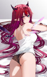  +_+ absurdres artist_name ass bare_arms bed_sheet black_horns black_panties blue_eyes blush camisole closed_mouth commentary cross-shaped_pupils demon_girl demon_horns detached_wings english_commentary female from_behind hair_between_eyes heterochromia highres hololive hololive_english horns indoors irys_(hololive) long_hair looking_at_viewer looking_back lying multiple_halos on_bed on_stomach panties pointy_ears red_eyes red_hair smile solo symbol-shaped_pupils thighs twitter_username underwear very_long_hair virtual_youtuber white_camisole wings zakimpo 