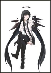  ;) absurdly_long_hair absurdres arknights ascot black_ascot black_border black_dress black_gloves black_hair black_halo black_thighhighs black_wings blunt_bangs border chinese_commentary closed_mouth collared_shirt commentary crossed_legs detached_wings dress feimaobushuomiao female full_body garter_straps gloves grey_eyes halo hand_up highres hime_cut invisible_chair lace-trimmed_dress lace_trim long_hair looking_at_viewer one_eye_closed pleated_dress shirt shoes short_dress short_sleeves sidelocks simple_background single_shoe sitting smile soles solo split_mouth thighhighs toes very_long_hair virtuosa_(arknights) white_background white_shirt wings 