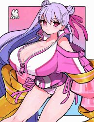  bare_shoulders bikini blush breasts claw_(weapon) cleavage clothing_cutout fate/grand_order fate_(series) female hacco_mayu hair_ribbon highres huge_breasts jacket long_hair long_sleeves looking_at_viewer passionlip_(fate) pink_bikini pink_eyes pink_jacket pink_ribbon purple_hair ribbon shoulder_cutout solo swimsuit thighs very_long_hair weapon 