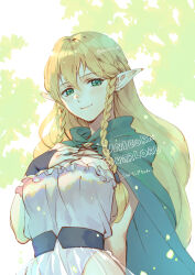  belt black_belt blonde_hair blush braid breasts bridal_gauntlets cape cleavage closed_mouth commentary_request copyright_name elf eltolinde_(unicorn_overlord) female green_cape green_eyes hair_between_eyes hand_on_own_chest highres leotard long_hair looking_at_viewer medium_breasts nerikiri6 pointy_ears see-through see-through_skirt skirt smile solo twin_braids unicorn_overlord very_long_hair white_leotard 