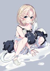  absurdres abyssal_ship blonde_hair blue_eyes bra enemy_naval_mine_(kancolle) female grey_background highres janus_(kancolle) kantai_collection looking_at_viewer short_hair simple_background socks teeth tentacle underwear uut white_bra white_socks 