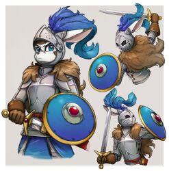  2021 action_pose aleanora angry anthro armor armorbun blue_eyes brown_hair clothing digital_media_(artwork) facial_scar female fighting_pose fur gloves hair handwear headgear helmet hi_res holding_melee_weapon holding_object holding_shield holding_sword holding_weapon knight lagomorph leporid long_hair mammal medieval melee_weapon multiple_angles okatuap otakuap plate_armor plume portrait pose rabbit round_shield scabbard scar shield simple_background solo standing sword three-quarter_portrait warrior weapon 