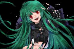  \m/ black_background black_gloves black_jacket black_shirt cropped_jacket cropped_shirt eyeshadow fangs female fingerless_gloves gloves green_eyes highres jacket long_hair macross macross_frontier makeup midriff mochi_(mochigome) navel red_eyes red_eyeshadow sharp_teeth shirt smile solo star_(symbol) suspenders teeth upper_body very_long_hair yami_ranka 