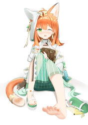  absurdres ahoge animal_ears arknights banana_peel blush book brown_gloves chinese_commentary commentary_request dress earrings female fingernails gloves green_dress green_eyes green_footwear highres holding holding_book jewelry looking_at_viewer mao_xin&#039;ai medium_hair nail_polish no_socks nose_blush on_floor one_eye_closed open_mouth orange_hair orange_nails orange_tail papyrus_(arknights) sandals shoes side_slit simple_background single_glove single_shoe sitting soles solo tail tail_ornament tail_ring tearing_up toe_ring toeless_footwear toenail_polish toenails toes uroko_(pattern) white_background white_dress white_footwear 