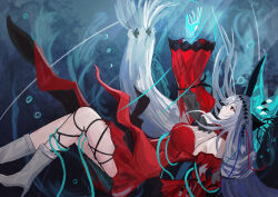  absurdres aqua_gloves aqua_hat arknights ascot bare_shoulders black_ascot breasts detached_sleeves dress feet_out_of_frame female gloves grey_hair hair_between_eyes hat highres leg_ribbon long_hair long_sleeves off-shoulder_dress off_shoulder pointy_hat reaching red_dress red_eyes red_sleeves ribbon skadi_(arknights) skadi_the_corrupting_heart_(arknights) solo solo_takebocchi underwater very_long_hair 