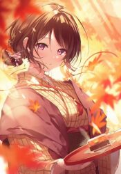  amamine autumn_leaves blush breasts brown_hair closed_mouth commentary female flower hair_bun hair_flower hair_ornament holding holding_tray japanese_clothes kimono light_particles light_rays looking_at_viewer medium_breasts original pink_eyes plaid_clothes plaid_kimono red_kimono signature single_hair_bun smile solo sunlight symbol-only_commentary tray upper_body yellow_kimono 