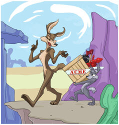  2013 3_toes 4_fingers 4_toes abstract_background acme anthro arm_tuft axe belly biped black_eyes black_nose blue_sky bomb box brown_body brown_eyes brown_fur brown_pawpads butt_tuft cactus calf_tuft canid canine canis canyon chaos_coyote_(character) cheek_tuft chest_tuft claws cliff cloud cloudy_sky colored container countershade_feet countershade_hands countershade_torso countershading coyote crate curling_toes desert detailed digital_drawing_(artwork) digital_media_(artwork) duo dynamite elbow_tuft explosives eyebrows eyewear eyewear_on_head eyewear_only facial_tuft feet finger_claws fingers foot_focus fur gesture goggles goggles_on_head goggles_only grey_body grey_fur hand_gesture hand_pawpads hip_tuft holding_box holding_container holding_crate holding_object humanoid_feet knee_tuft leg_tuft looking_at_another looney_tunes male mammal mingchee multicolored_body multicolored_fur nude open_mouth outside pawpads paws plant plantigrade pointing pointing_up raised_heel rocket shaded shoulder_tuft sky skyscape soles struggling talking_to_another tan_belly tan_body tan_eyebrows tan_fur tiptoes toe_claws toes tuft two_tone_body two_tone_fur walking warner_brothers watermark white_sclera wide_hips wile_e._coyote wooden_box yellow_sclera 