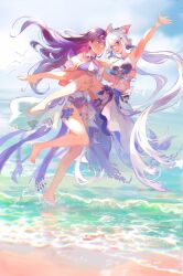  2girls absurdly_long_hair absurdres animal_ears arm_up beach bikini breasts carrying cat_ears commentary english_commentary full_body halterneck highres honkai_(series) honkai_impact_3rd juliareshetnyak kiana_kaslana kiana_kaslana_(herrscher_of_finality) kiana_kaslana_(selenic_ripples) long_hair low_twintails multiple_girls open_mouth princess_carry purple_bikini purple_eyes purple_hair raiden_mei raiden_mei_(crooning_tides) raiden_mei_(herrscher_of_origin) sand smile soaking_feet starfish swimsuit twintails very_long_hair white_hair yuri 