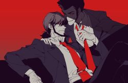  2boys arsene_lupin_iii asam beard black_hair black_jacket collared_shirt crossed_legs eye_contact facial_hair grin hand_on_another&#039;s_shoulder jacket jigen_daisuke lapels limited_palette long_sleeves looking_at_another lupin_iii male_focus multiple_boys necktie necktie_grab neckwear_grab notched_lapels open_clothes open_collar open_jacket red_background red_eyes red_necktie shirt short_hair simple_background sitting smile smirk tie_clip white_shirt yaoi 