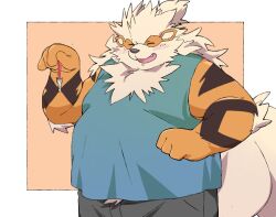  2024 anthro anthrofied arcanine belly big_belly blush bottomwear closed_eyes clothing generation_1_pokemon hi_res humanoid_hands inunoshippo kemono male nintendo overweight overweight_male pants pokemon pokemon_(species) shirt simple_background solo topwear 