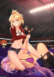  absurdres ass bb_(fate) breasts emaxart fate/grand_order fate_(series) fujimaru_ritsuka_(female) highres large_breasts mordred_(fate) self-upload thighhighs wrestling 