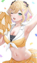  ;d absurdres alternate_costume arm_up armpits bandeau black_bandeau black_bow blonde_hair bow breasts cheering cheerleader cleavage collared_shirt colored_inner_hair confetti crop_top cross_hair_ornament female front-tie_top green_eyes hair_between_eyes hair_ornament hairbow hairclip heart heart_hair_ornament highres holding holding_pom_poms kurumi_noah large_breasts looking_at_viewer midriff multicolored_hair navel oerba_yun_fang one_eye_closed open_mouth orange_shirt pom_pom_(cheerleading) pomelunch purple_hair shirt short_hair sleeveless sleeveless_shirt smile solo stomach sweat virtual_youtuber vspo! 