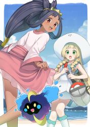  2girls :d bag black_hair blonde_hair border braid cloud commentary_request commission cosmog couzone dark-skinned_female dark_skin day dress duffel_bag eyelashes green_eyes hair_rings hat highres iris_(pokemon) kneehighs lillie_(pokemon) long_hair low-tied_long_hair multiple_girls open_mouth outdoors pink_skirt pixiv_commission pokemon pokemon_(creature) pokemon_bw2 pokemon_sm ponytail shirt shore skirt sky smile socks sparkle sun_hat teeth tiara twin_braids upper_teeth_only water white_border white_dress white_hat white_shirt 