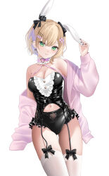  absurdres black_bow black_leotard black_nails blonde_hair bow bow_legwear breasts cleavage coat coat_lift collar commentary earrings female flower frilled_collar frilled_leotard frills green_eyes hair_flower hair_ornament hairbow hairclip highres iris_black_games jewelry kurumi_noah large_breasts leotard looking_at_viewer medium_hair nail_polish navel parted_bangs pink_coat pink_flower playboy_bunny pomelunch rabbit simple_background smile solo standing thighhighs virtual_youtuber vspo! white_background white_thighhighs 