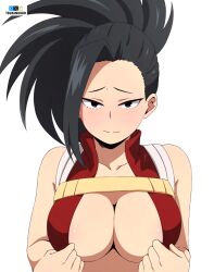  artist_name black_eyes black_hair boku_no_hero_academia breasts center_opening female highres large_breasts leotard long_hair looking_at_viewer pixiv_logo ponytail red_leotard simple_background solo tsuranukko twitter_x_logo white_background yaoyorozu_momo 