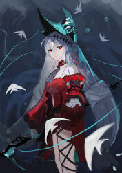  absurdres aqua_hat arknights ascot bare_shoulders black_ascot breasts clothing_cutout detached_sleeves dress feet_out_of_frame female fish grey_hair hair_between_eyes hat highres holding holding_staff leg_ribbon long_hair long_sleeves looking_at_viewer navel_cutout off-shoulder_dress off_shoulder parted_lips pointy_hat reaching reaching_towards_viewer red_dress red_eyes red_sleeves ribbon skadi_(arknights) skadi_the_corrupting_heart_(arknights) solo solo_takebocchi staff tropical_fish very_long_hair 