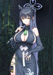  animal_ears bamboo bare_shoulders black_dress black_hair blue_archive blush breasts cleavage closed_mouth clothing_cutout cowboy_shot detached_sleeves dress female gradient_hair hair_ornament halo highres holding holding_umbrella jamgom large_breasts long_hair looking_at_viewer multicolored_hair rain shun_(blue_archive) sleeveless sleeveless_dress smile solo standing tree umbrella very_long_hair 