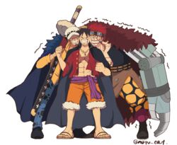  3boys absurdres cheek-to-cheek clenched_hands clenched_teeth competition eustass_kid hat heads_together highres holding holding_weapon jacket jacket_on_shoulders male_focus mechanical_arms monkey_d._luffy multiple_boys ngtvcat official_alternate_costume one_piece sheath sheathed single_mechanical_arm sword teeth trafalgar_law weapon 